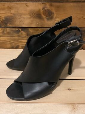 le chateau Black Leather Cross-Over Peep Toe Slingback Heels